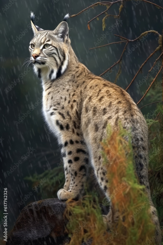 Close up of bobcat standing on rock, created using generative ai technology Close up of bobcat standing on rock, created using generative ai technology