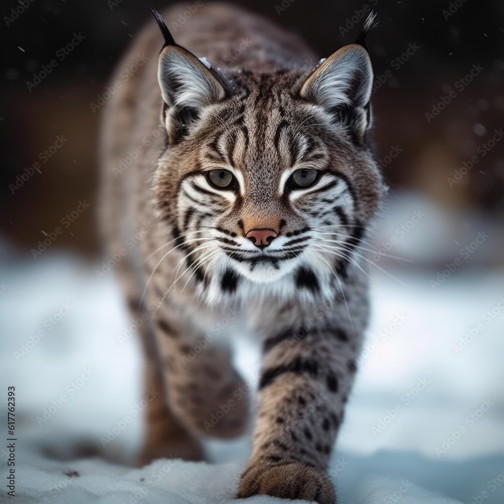 Close up of bobcat walking in snow, created using generative ai technology Close up of bobcat walking in snow, created using generative ai technology