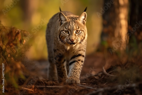Close up of bobcat walking in forest, created using generative ai technology © Future Vision