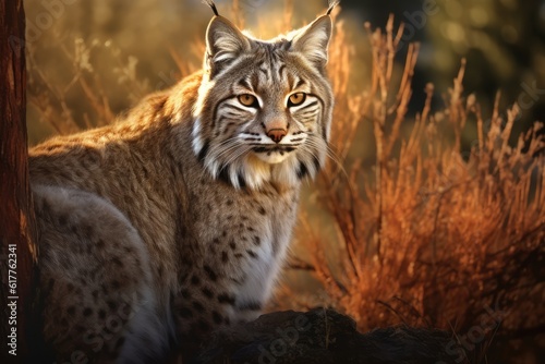 Close up of bobcat sitting in field, created using generative ai technology