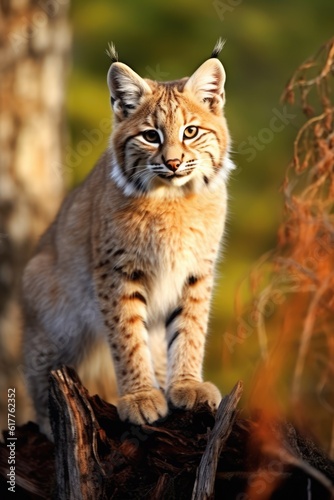 Close up of bobcat standing on wood in field  created using generative ai technology