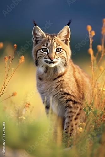 Close up of bobcat standing in field, created using generative ai technology