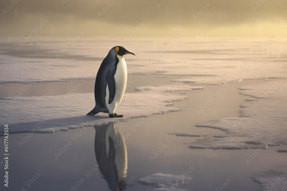 Emperor penguin standing on icy snowy surface and water, created using generative ai technology