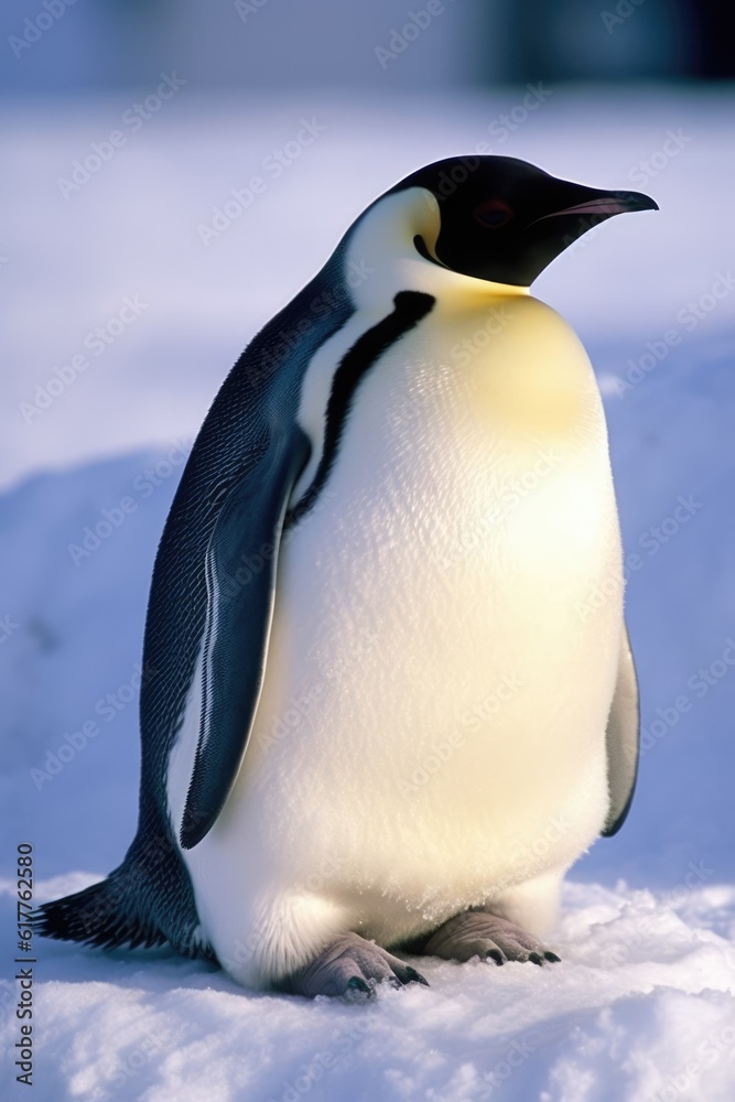 Fototapeta premium Close up of emperor penguin standing on snow, created using generative ai technology