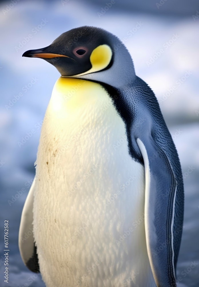 Fototapeta premium Close up of emperor penguin standing in snow, created using generative ai technology