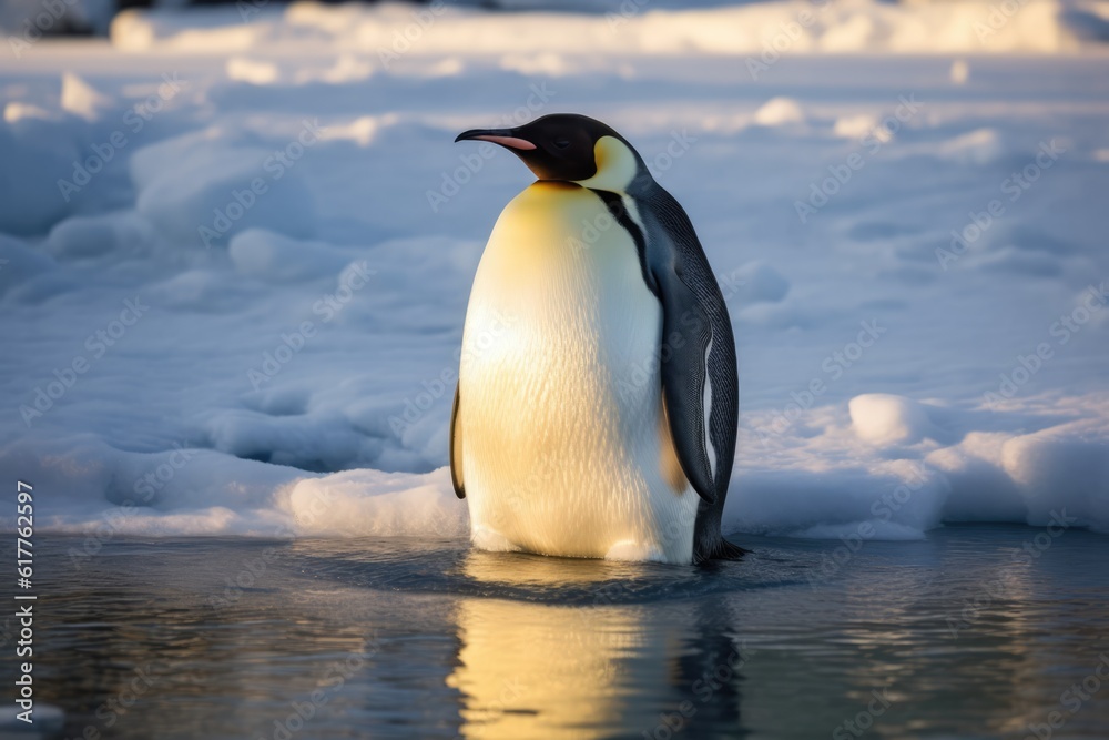 Fototapeta premium Emperor penguin standing in water, created using generative ai technology