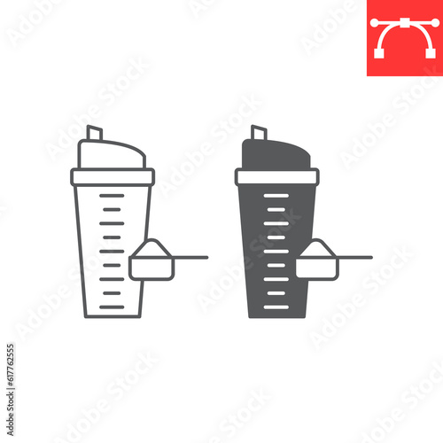Protein shaker line and glyph icon, supplements and health, bottle with a scoop of whey vector icon, vector graphics, editable stroke outline sign, eps 10.