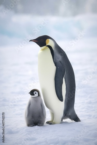 Close up of emperor penguin standing with chick in snow  created using generative ai technology