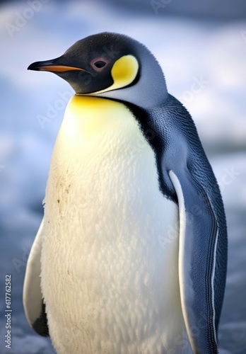 Close up of emperor penguin standing in snow  created using generative ai technology