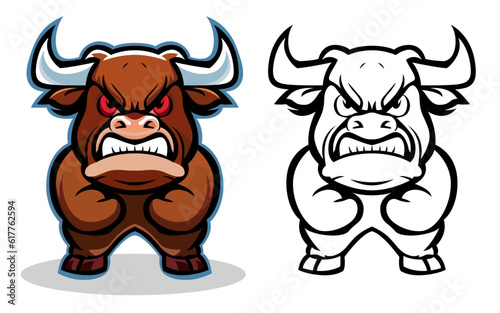 Angry Bull Cartoon mascot vector illustration, Angry muscular bull logo concept vector image, colored and black and white line art stock vector