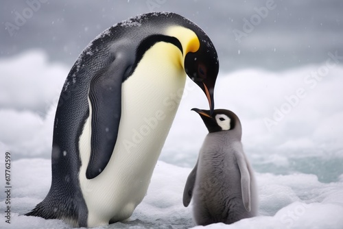 Close up of emperor penguin standing with chick in snow, created using generative ai technology photo