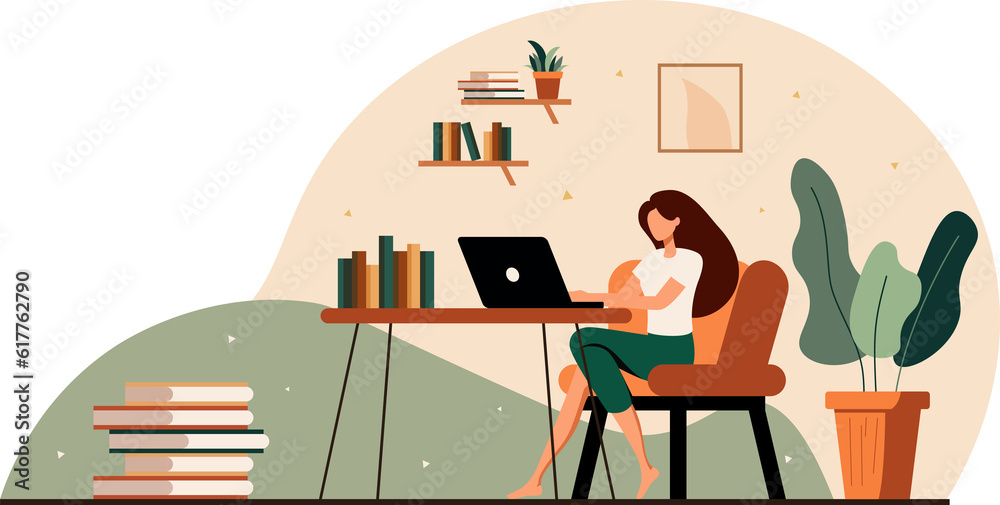 Woman with laptop sitting in home and working. Concept illustration for working, freelancing, studying, education, work from home. PNG image