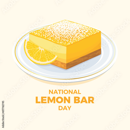National Lemon Bar Day vector illustration. Slice of fresh lemon cake on a plate icon vector. Lemon dessert with powdered sugar on top drawing. October 15 each year. Important day