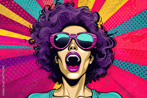 Elegant Woman with Curly Hair and Headband  Wearing Sunglasses   vectorized pop-art inspired