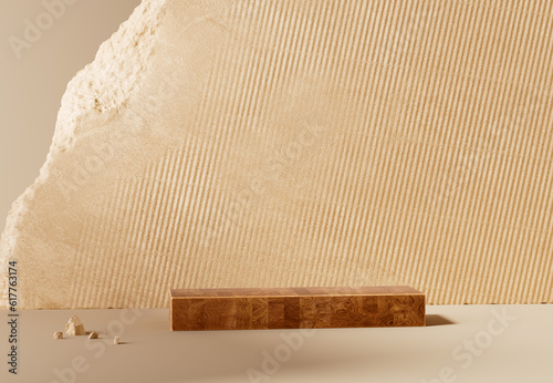 Fototapeta Naklejka Na Ścianę i Meble -  Empty studio scene for product presentation. Object placement background concept. Beige broken stone slab wall and wooden block podium 3d rendering