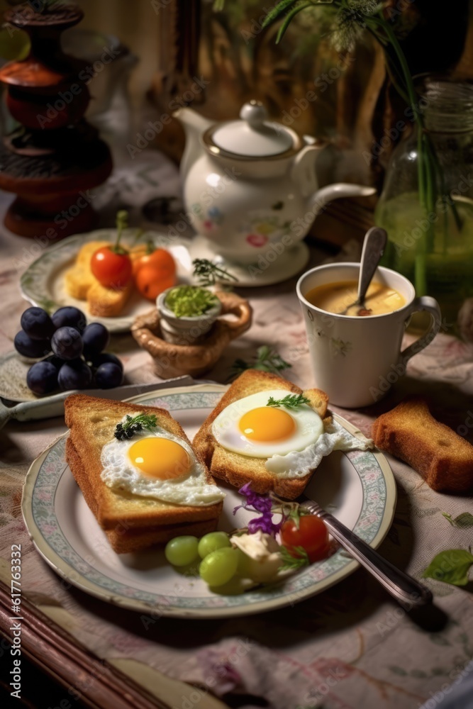 Brunch food on plates and drink on table, created using generative ai technology Brunch food on plates and drink on table, created using generative ai technology