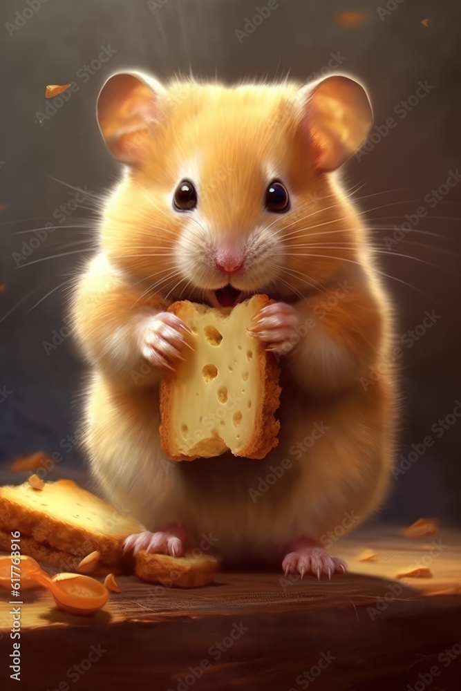 Fototapeta premium Close up of cute hamster holding cheese, created using generative ai technology