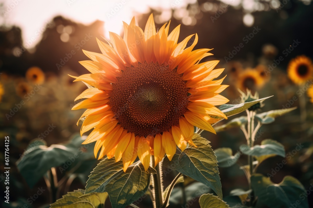 Naklejka premium Sunflower in field with blurred background, created using generative ai technology