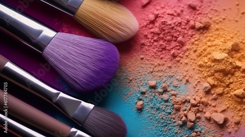 professional and everyday makeup brushes. Stylist and makeup artist tools. Multicolored eye shadow. Generative AI 