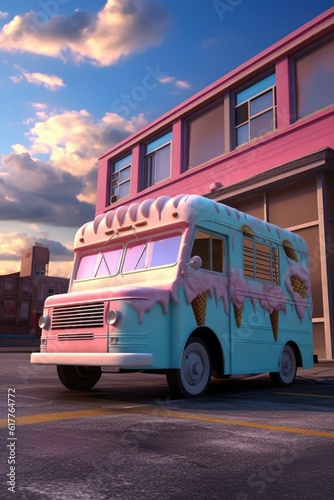 Pink and blue retro ice cream truck in town, created using generative ai technology