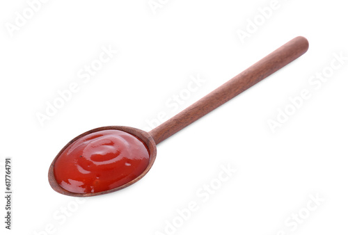 Wooden spoon with tasty fresh ketchup isolated on white