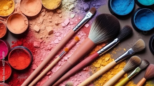 professional and everyday makeup brushes. Stylist and makeup artist tools. Multicolored eye shadow. Generative AI 