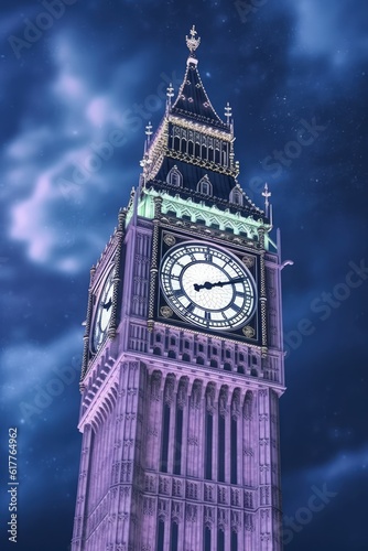 Lit big ben tower in london at night, created using generative ai technology