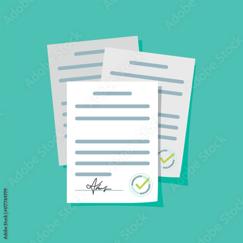 Contract documents pile, flat cartoon stack of agreements document with signature and approval stamp. Vector illustration of paperwork or business documents. The stamp with the inscription approved.