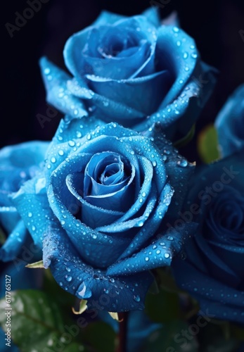 Close up of blue roses with water drops, created using generative ai technology