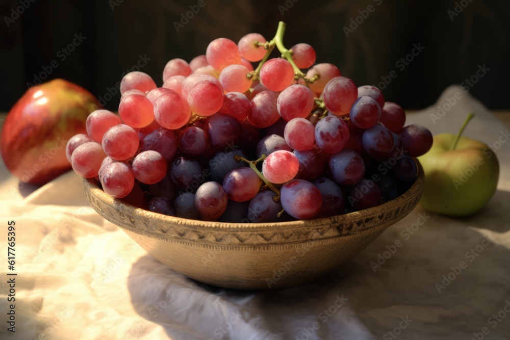 Close up of red grapes in bowl on black background, created using generative ai technology