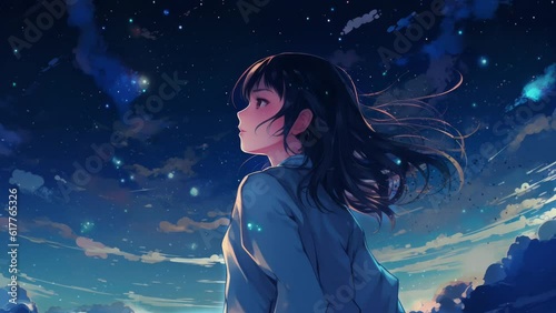 Lofi girl looking at the stars. Anime drawing of a woman looking at the night sky. Chill moody evening. Cute manga person listening to chill beats. Star gazing. Atmospheric sad young person in love.