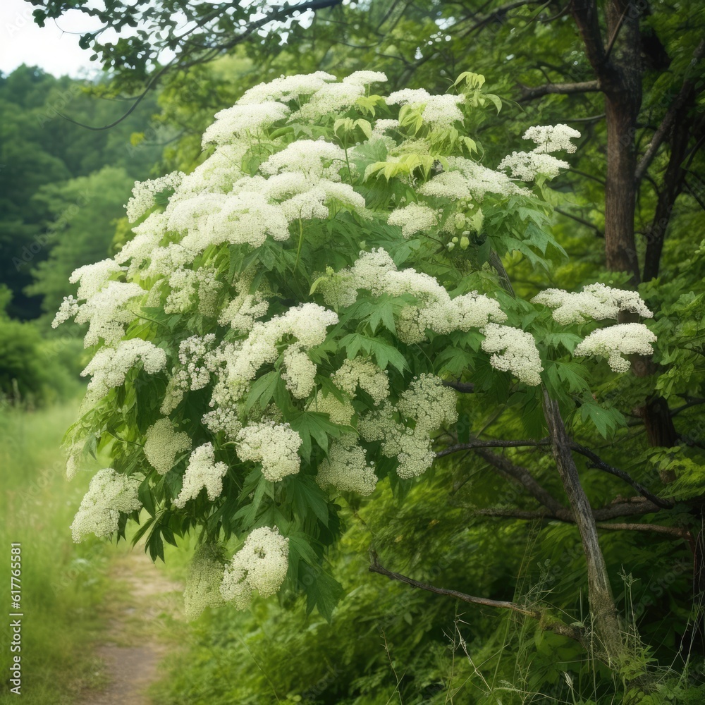 Elderberry tree with white flowers in garden, created using generative ai technology