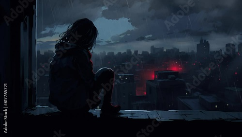Lonely anime girl looking at the city at night. Sad rainy day. Moody atmospheric. Sad lo-fi music. Video for lofi hiphop songs. Woman alone. Loneliness and depression. Cute cartoon girl crying.