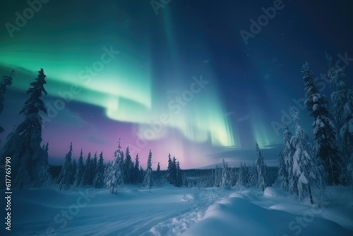 Aurora borealis in snowscape landscape, created using generative ai technology © Future Vision