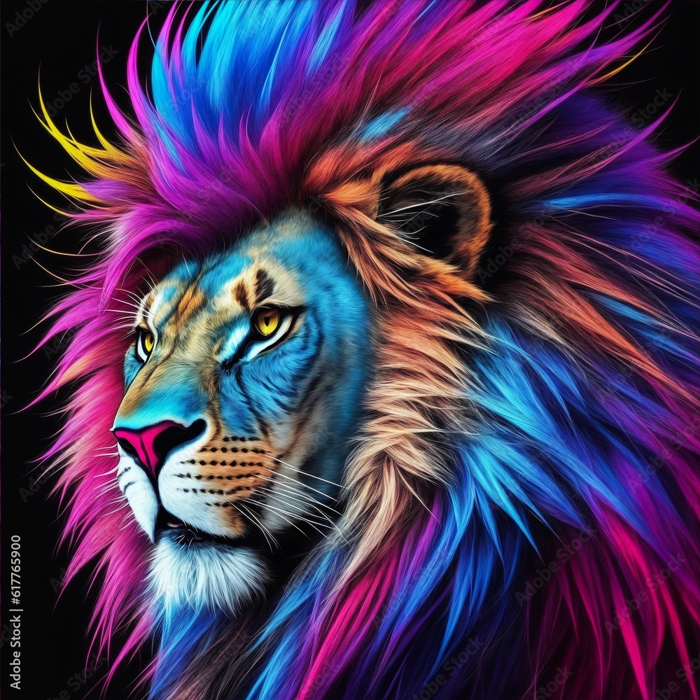 punk lion embodies the essence of rebellion and individuality. The color palette is vibrant and contrasting, representing the lion's punk attitude,while the lighting adds sense of drama and intensity