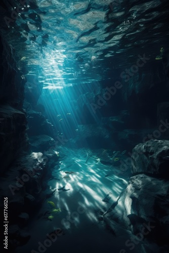 Rays of sunlight and fish life in underwater cave, created using generative ai technology photo