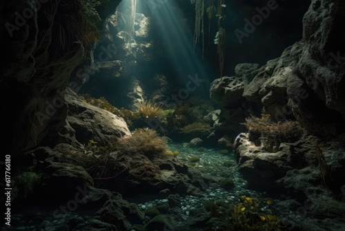 Rays of sunlight and plant life in underwater cave, created using generative ai technology © Future Vision