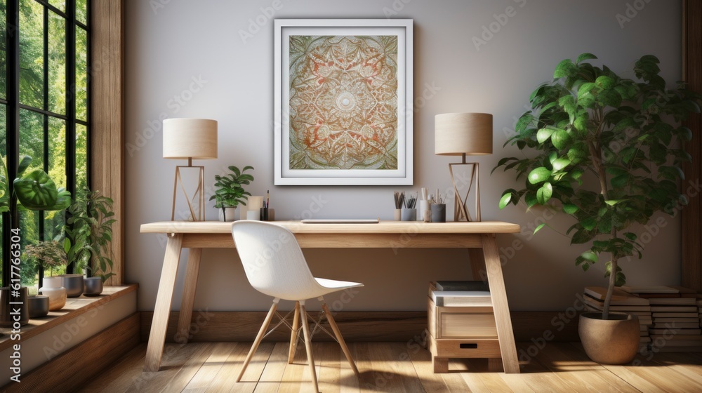 Poster mock up in home interior background, home office, Scandi-boho style, 3d render. Created with generative ai. Poster mock up in home interior background, home office, Scandi-boho style, 3d render. Created with generative ai.