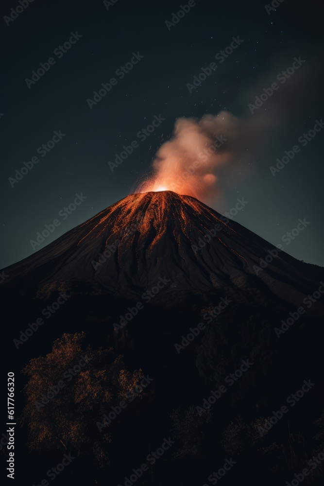 Active volcano erupting with smoke and lava at night, created using generative ai technology