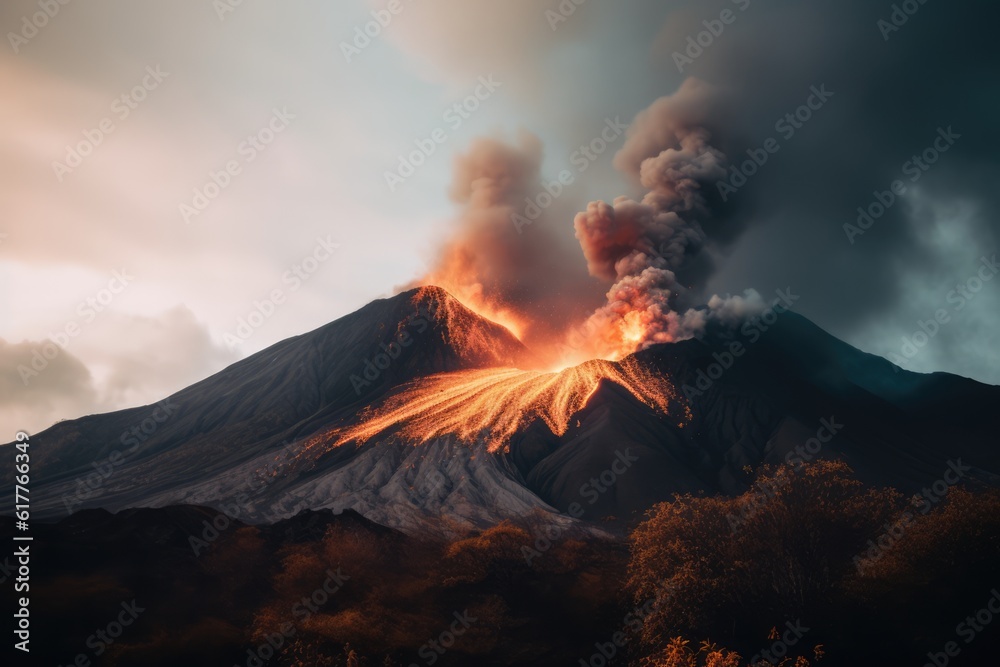 Active volcano erupting with smoke and lava, created using generative ai technology