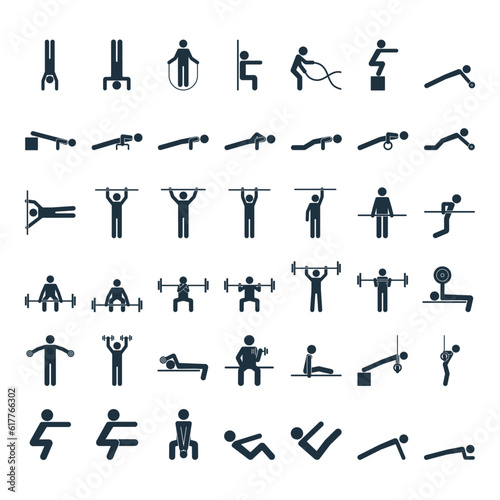 Set of calisthenics, workout, athletic, gym, fitness training exercises icons. Symbols of stylized people making sports in gymnasium. Isolated simple vector illustration
