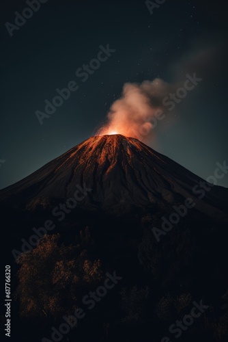 Active volcano erupting with smoke and lava at night, created using generative ai technology