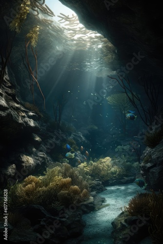Rays of sunlight, fish and plant life in underwater cave, created using generative ai technology