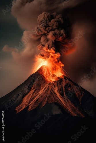 Active volcano erupting with smoke and lava at night, created using generative ai technology