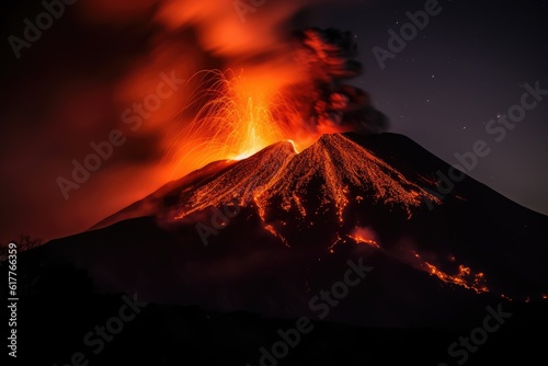 Active volcano erupting with smoke and lava at night  created using generative ai technology