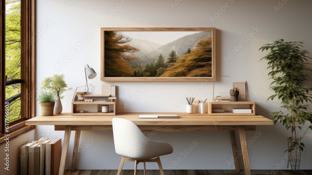 Fototapeta premium Poster mock up in home interior background, home office, Scandi-boho style,&nbsp;3d&nbsp;render. Created with generative ai.