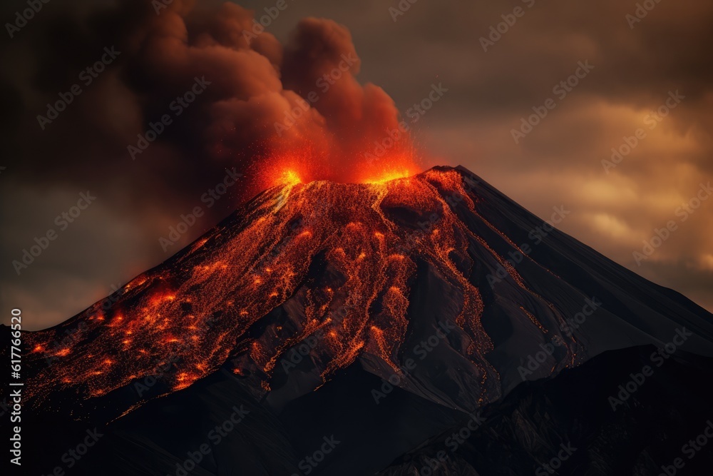 Fototapeta premium Active volcano erupting with smoke and lava at night, created using generative ai technology