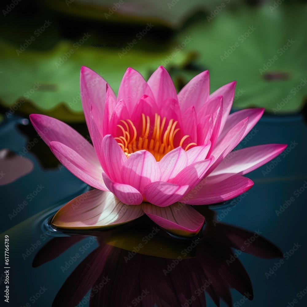 Pink and yellow lotus flower and leaves on dark water, created using generative ai technology Pink and yellow lotus flower and leaves on dark water, created using generative ai technology