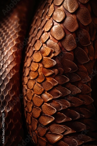 Close up of brown shiny coils of snakeskin, created using generative ai technology, created using generative ai technology