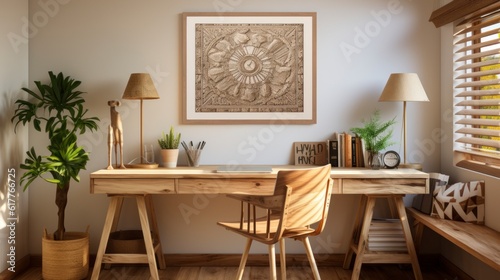 Poster mock up in home interior background, home office, Scandi-boho style, 3d render. Created with generative ai.